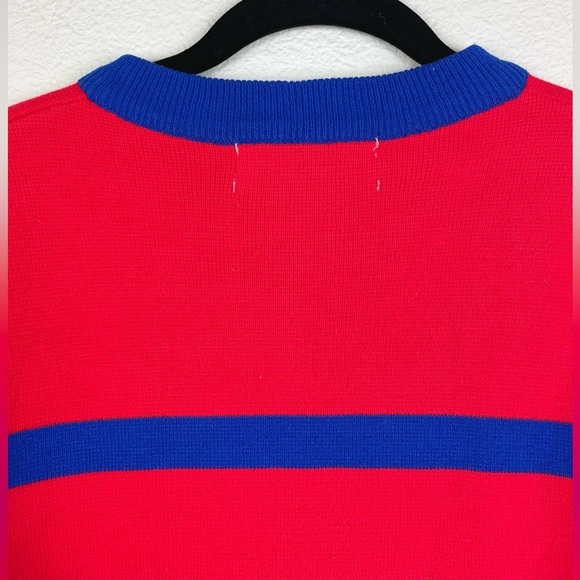 VTG 70s Liberty Bell Women's Medium Blue Red Striped Crewneck Apres Ski Sweater - Picture 6 of 11